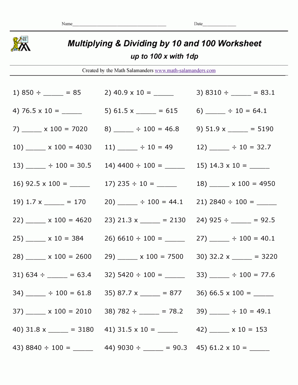 Multiply And Divide By 10 100