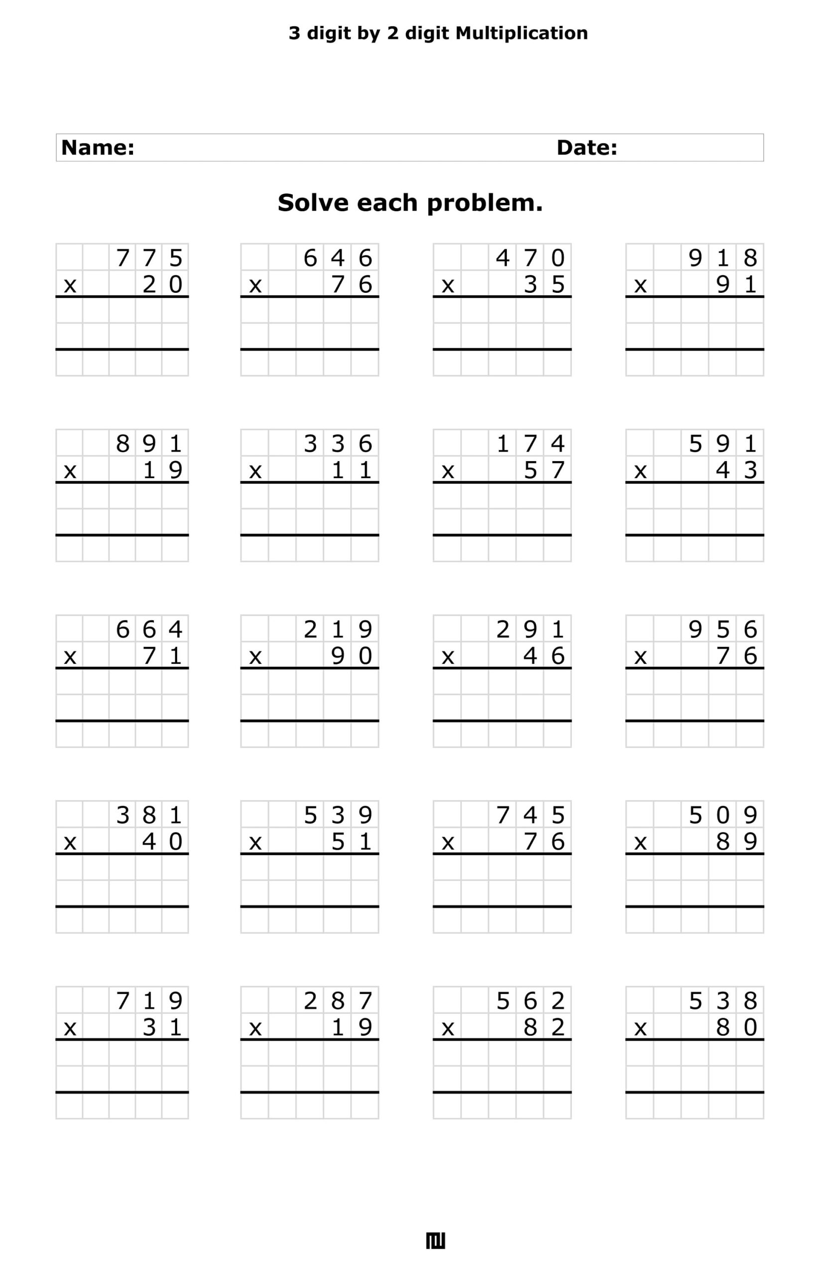 Multiplying 3 Digit By 2 Digit Numbers For Daily Practice 3 Digit By 2 Digit Multiplication Worksheets By Acminimalist Etsy
