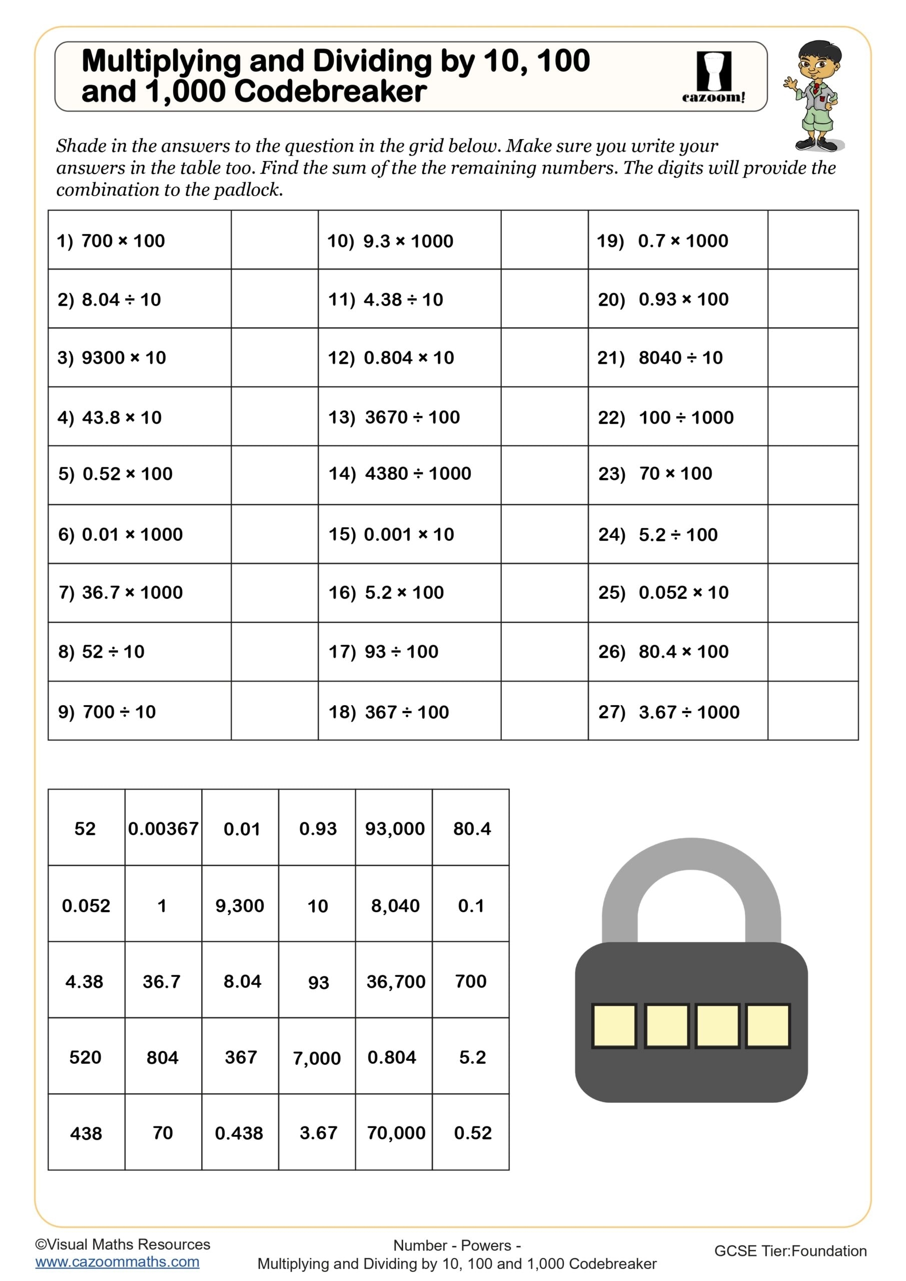 Multiplying And Dividing By 10 100 And 1 000 Codebreaker 