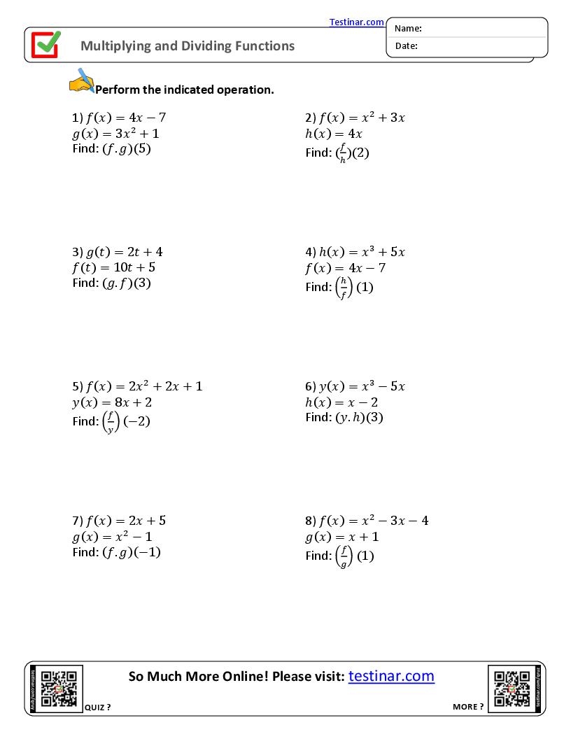 Multiplying And Dividing Functions Worksheets