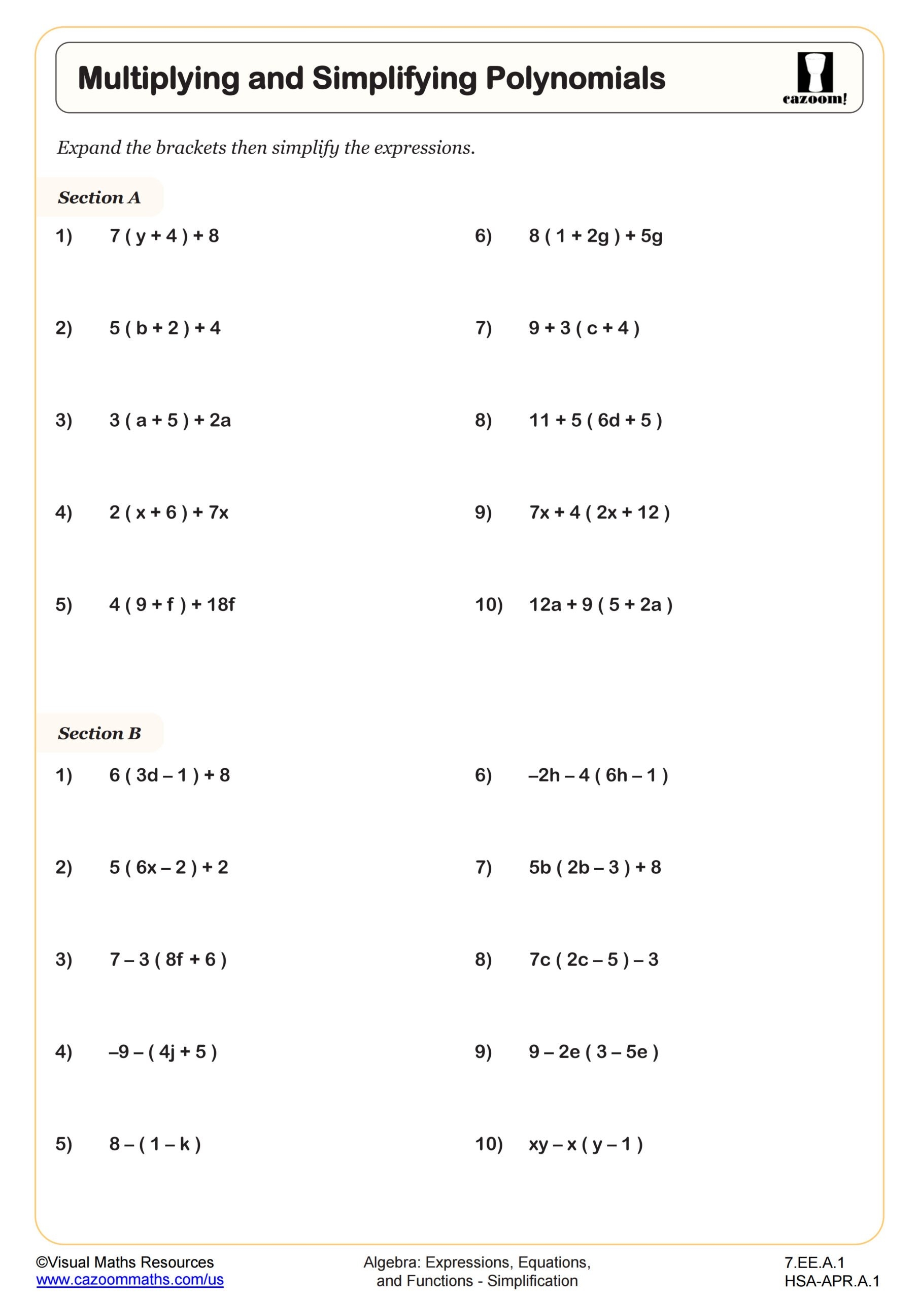 Multiplying And Simplifying Polynomials Worksheet 7th Grade PDF Worksheets