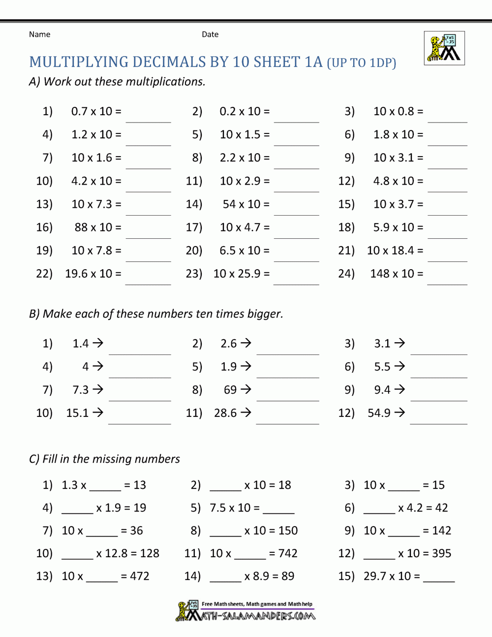 multiplying a decimal by a decimal worksheet