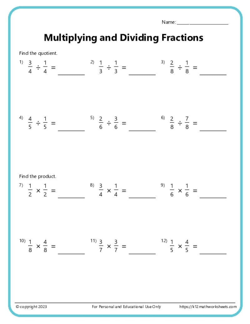 Multiplying Fractions Worksheets