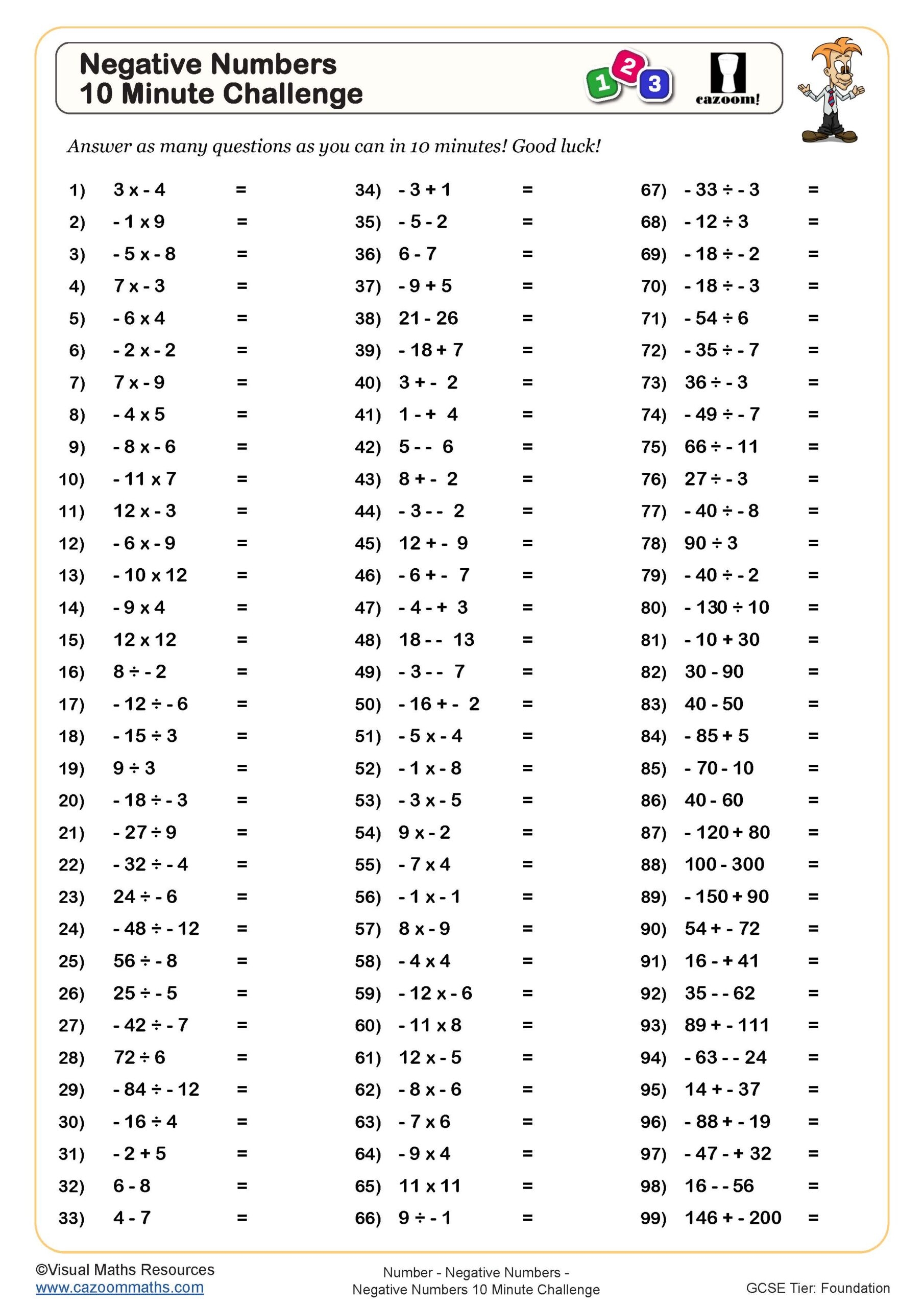Negative Numbers 10 Minute Challenge Worksheet Printable PDF Worksheets