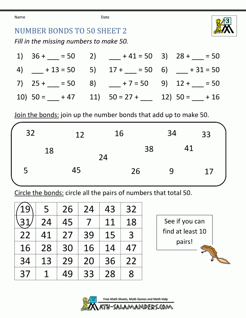 number bond worksheet