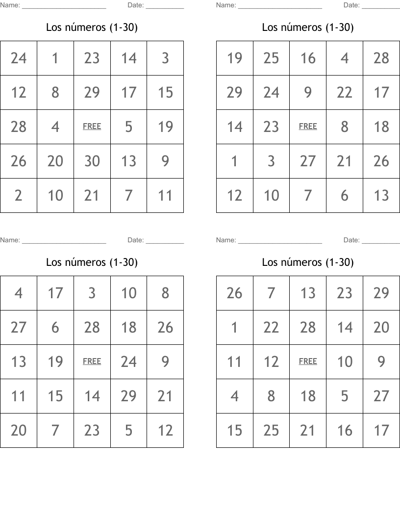 Numbers 1 30 Bingo Cards WordMint