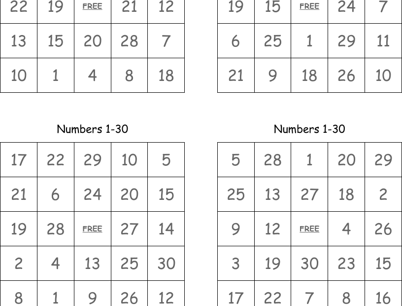 Numbers 1 30 Bingo Cards WordMint