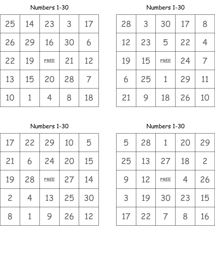 Numbers 1 30 Bingo Cards WordMint