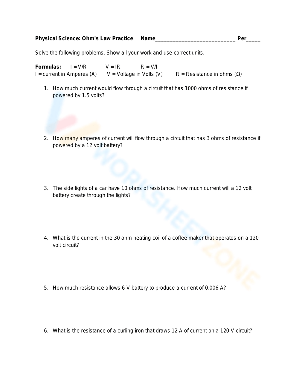 Ohm s Law Calculate Voltage Current Worksheet