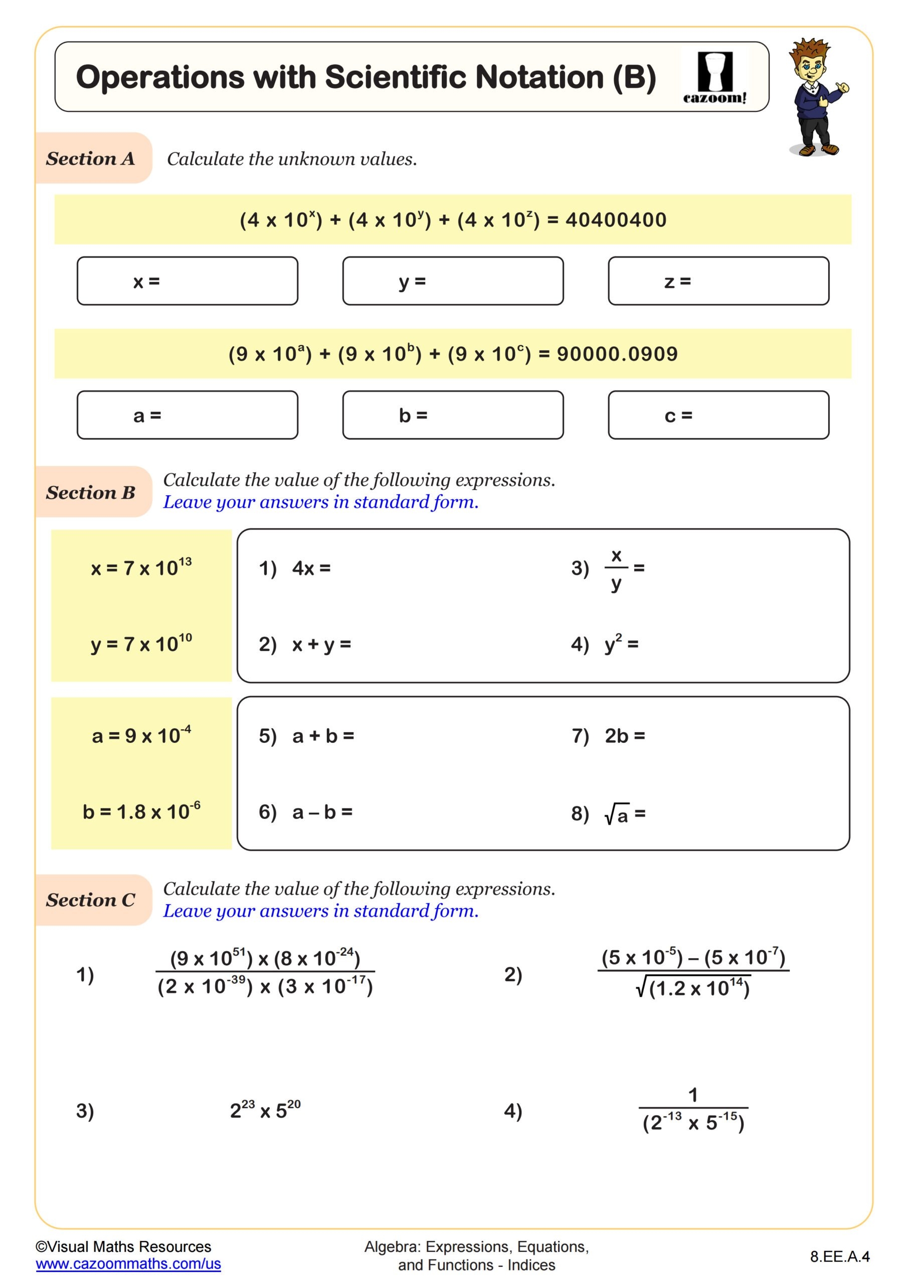 Operations With Scientific Notation B Worksheet PDF Printable 