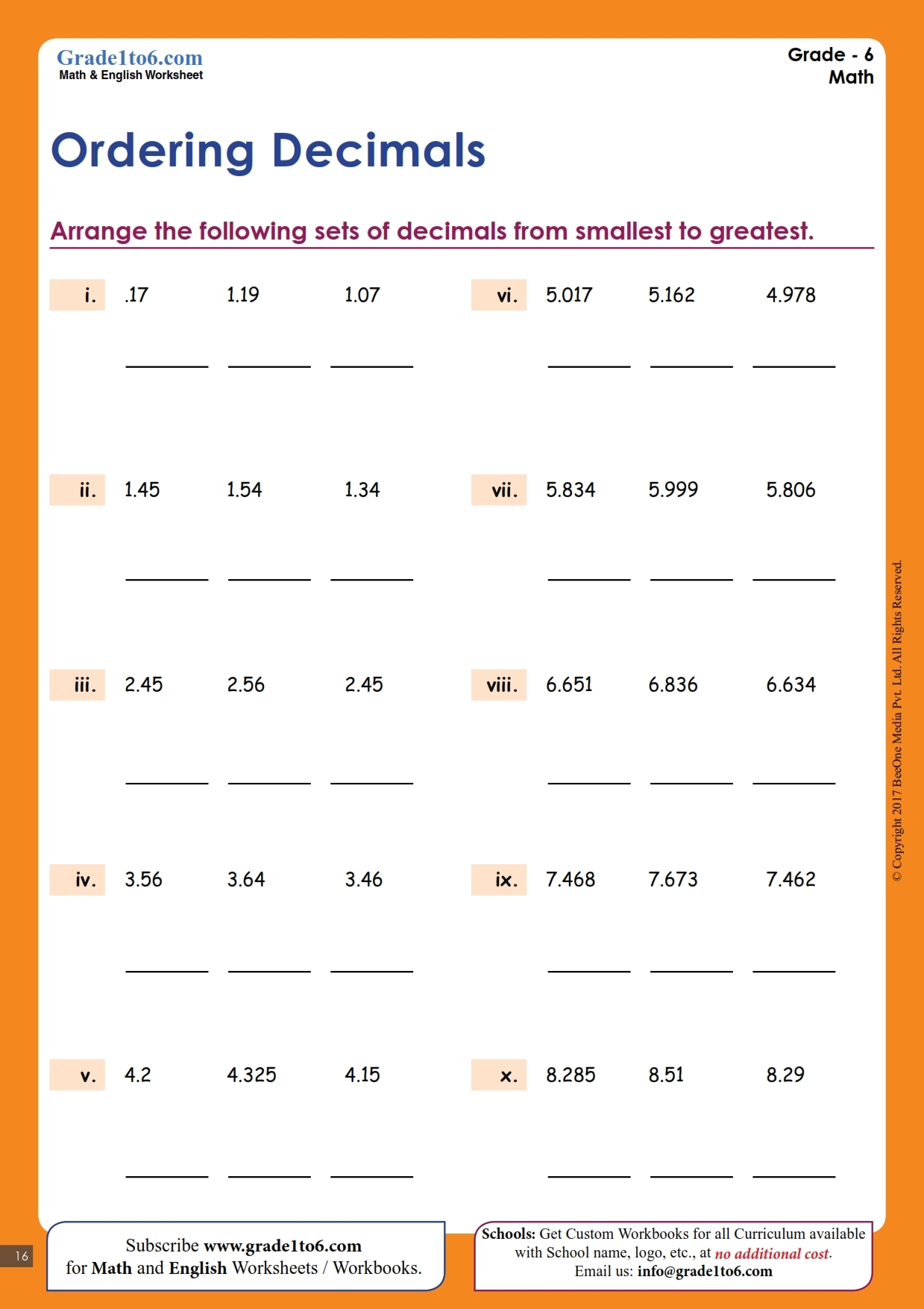 Ordering Decimals Worksheets Up To 3dp Grade1to6