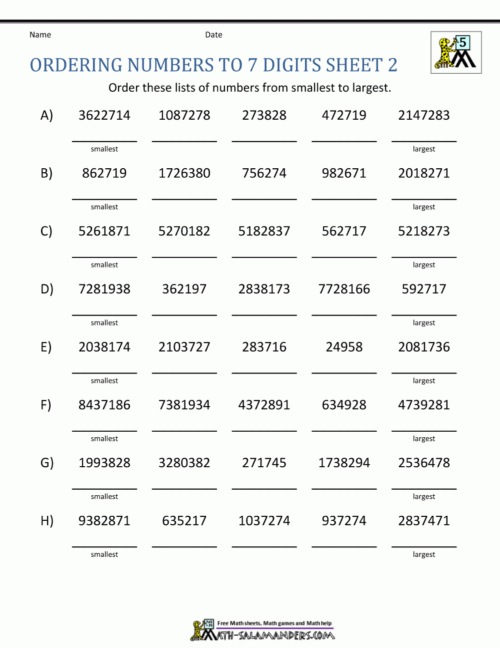 ordering numbers worksheets