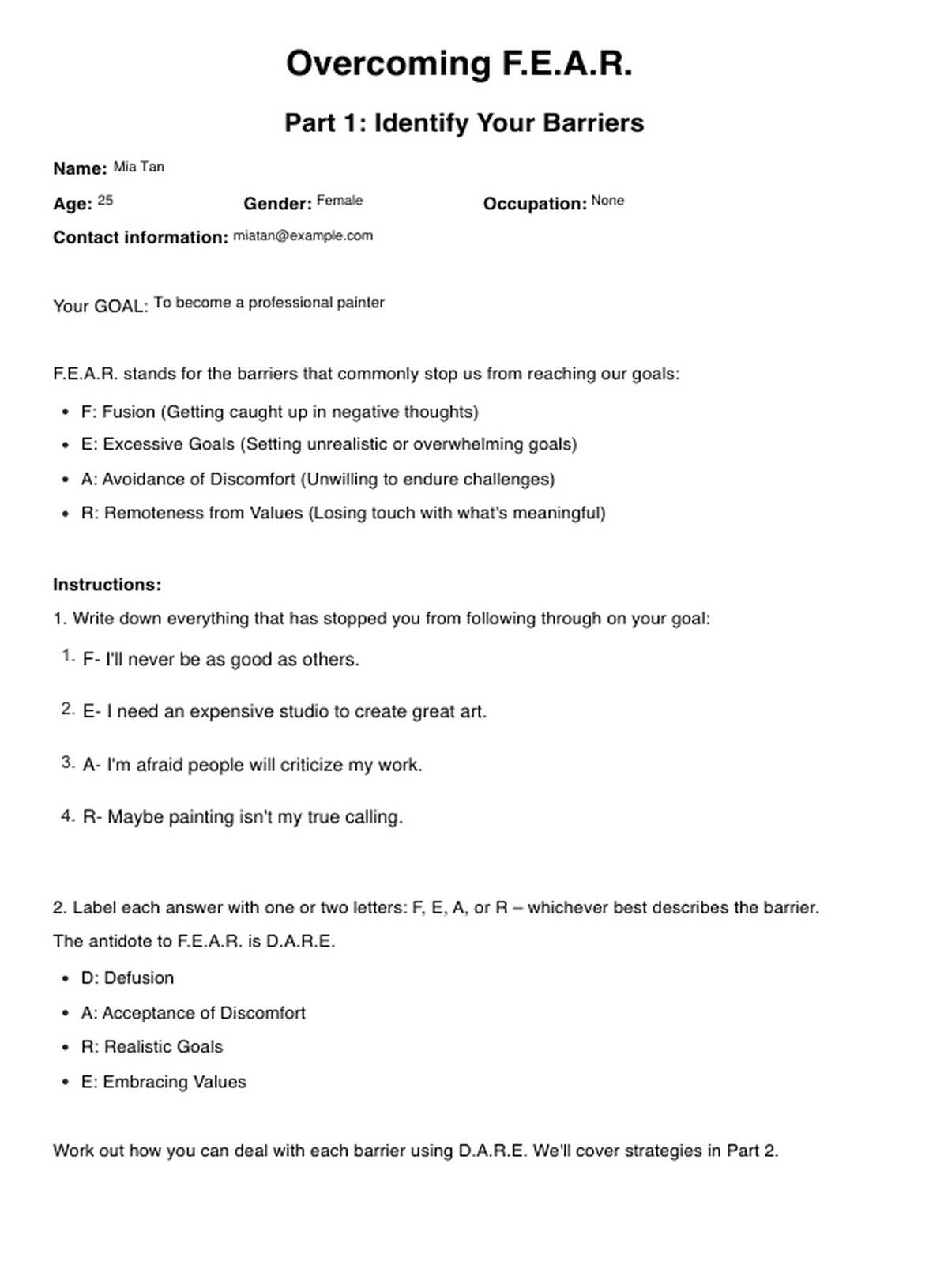 core fear worksheet