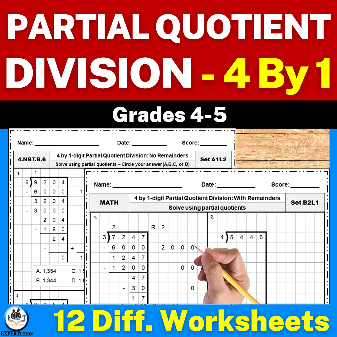 Partial Quotients Division Practice Worksheets 4 Digit By 1 