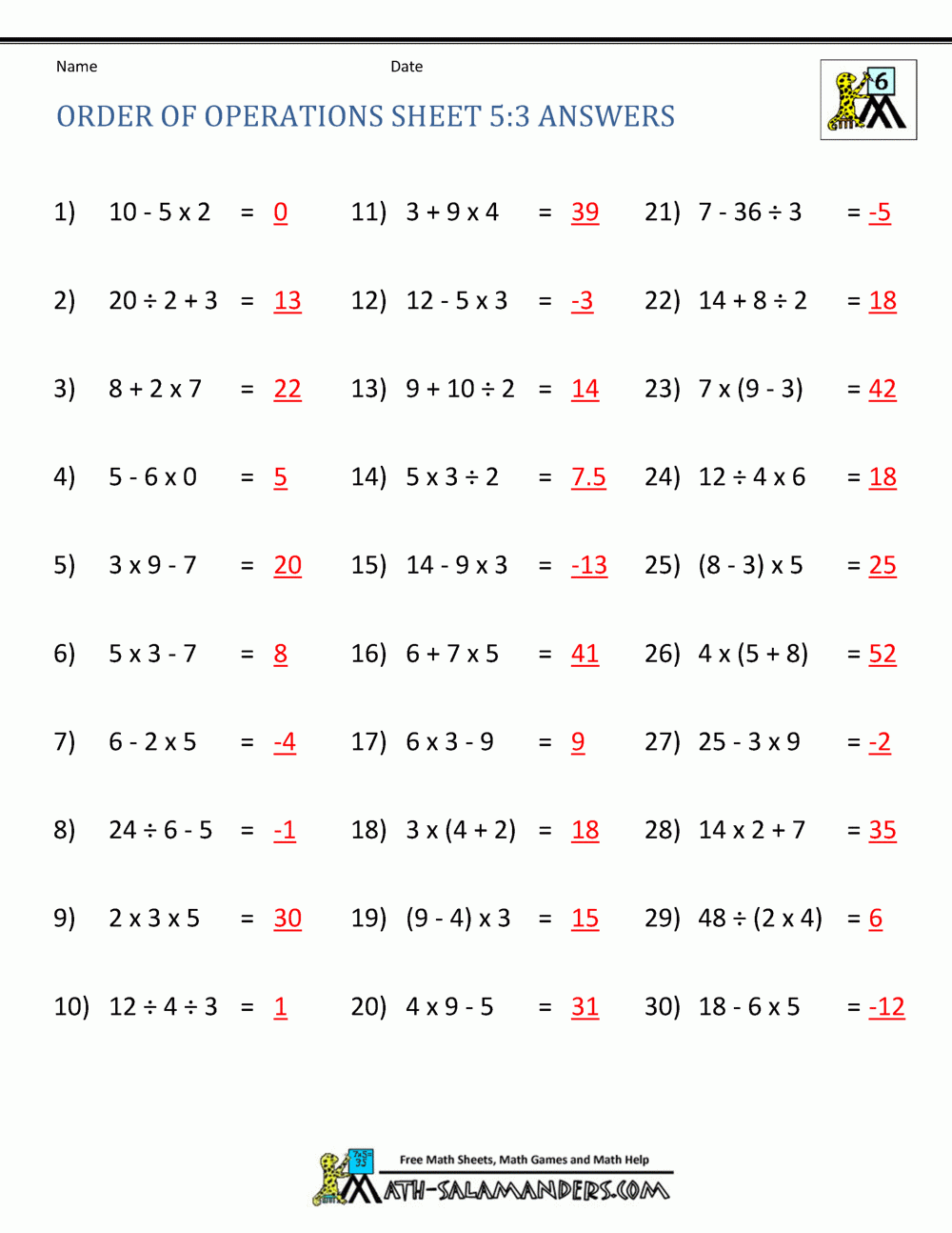 order of operations worksheet 5th grade