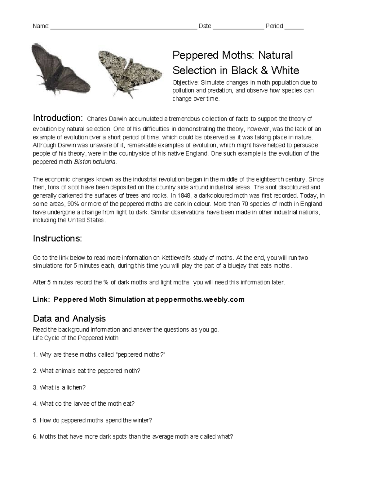 Peppered Moths Activity For Evolution And Natural Selection 