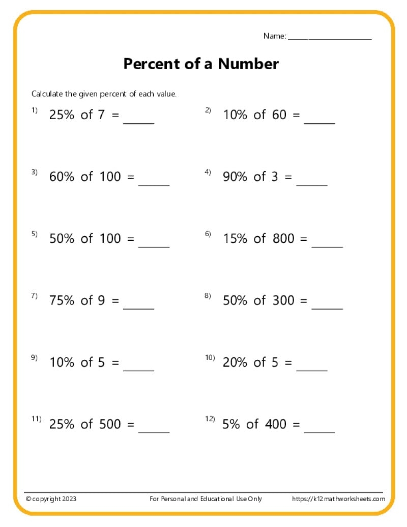 percentages worksheet