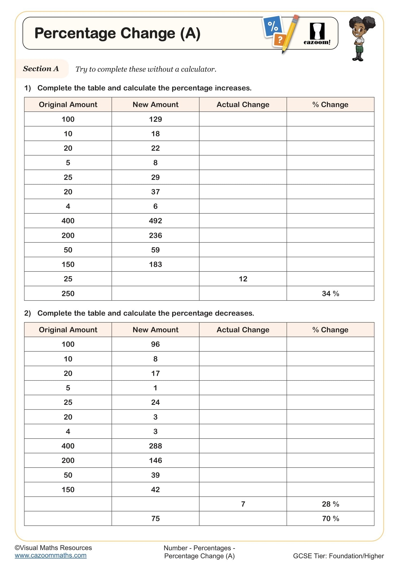 percent of change worksheet
