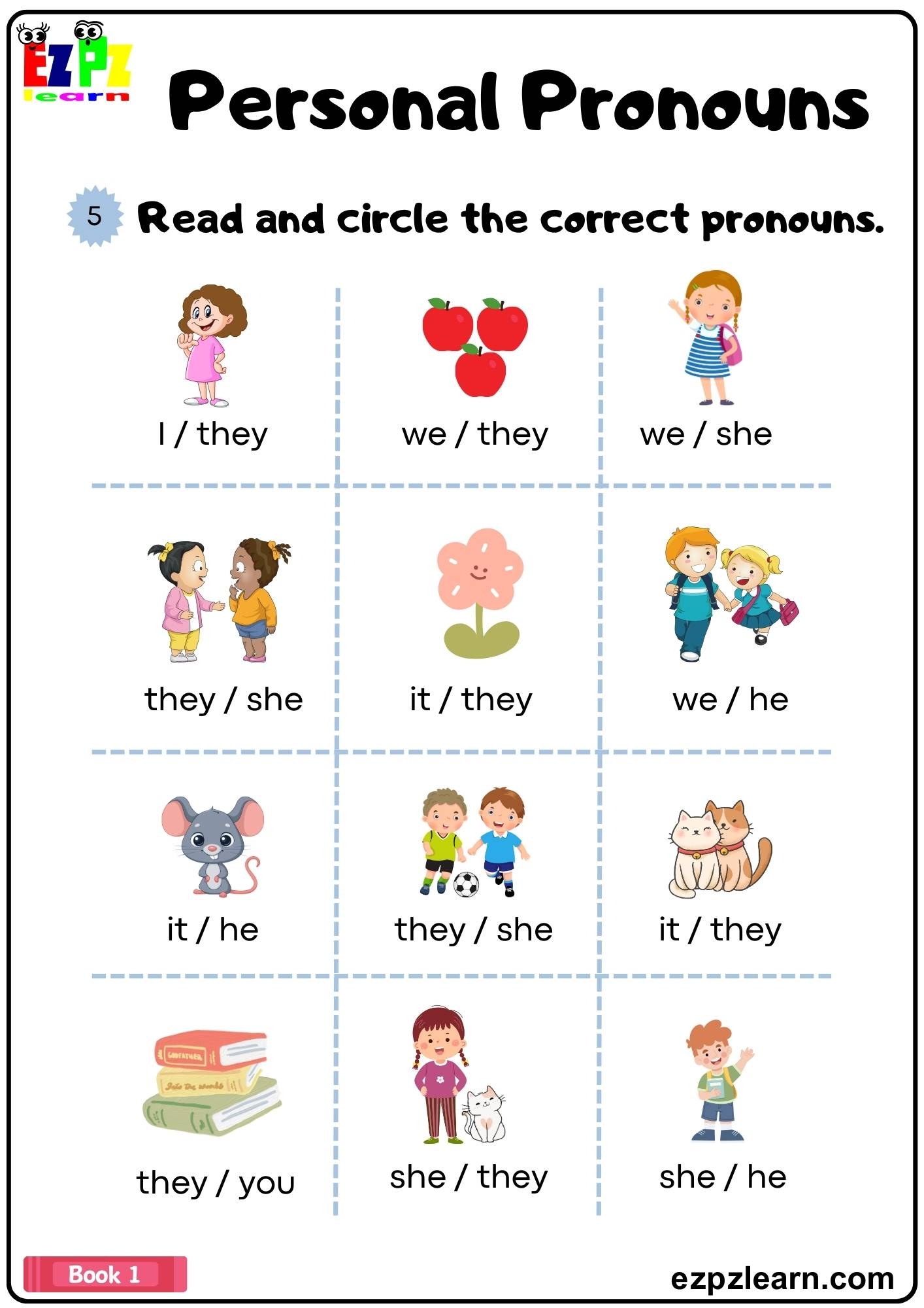 Personal Pronouns Read And Circle The Correct Pronouns Grammar Worksheet Book 1 Ezpzlearn