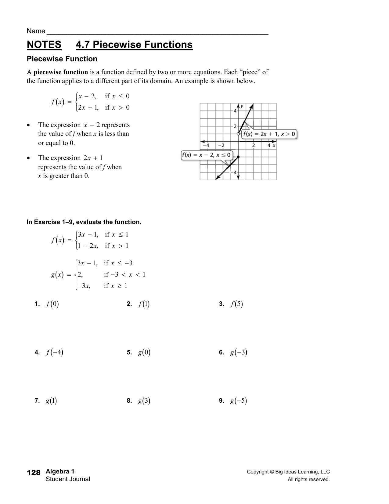 piecewise defined functions worksheet