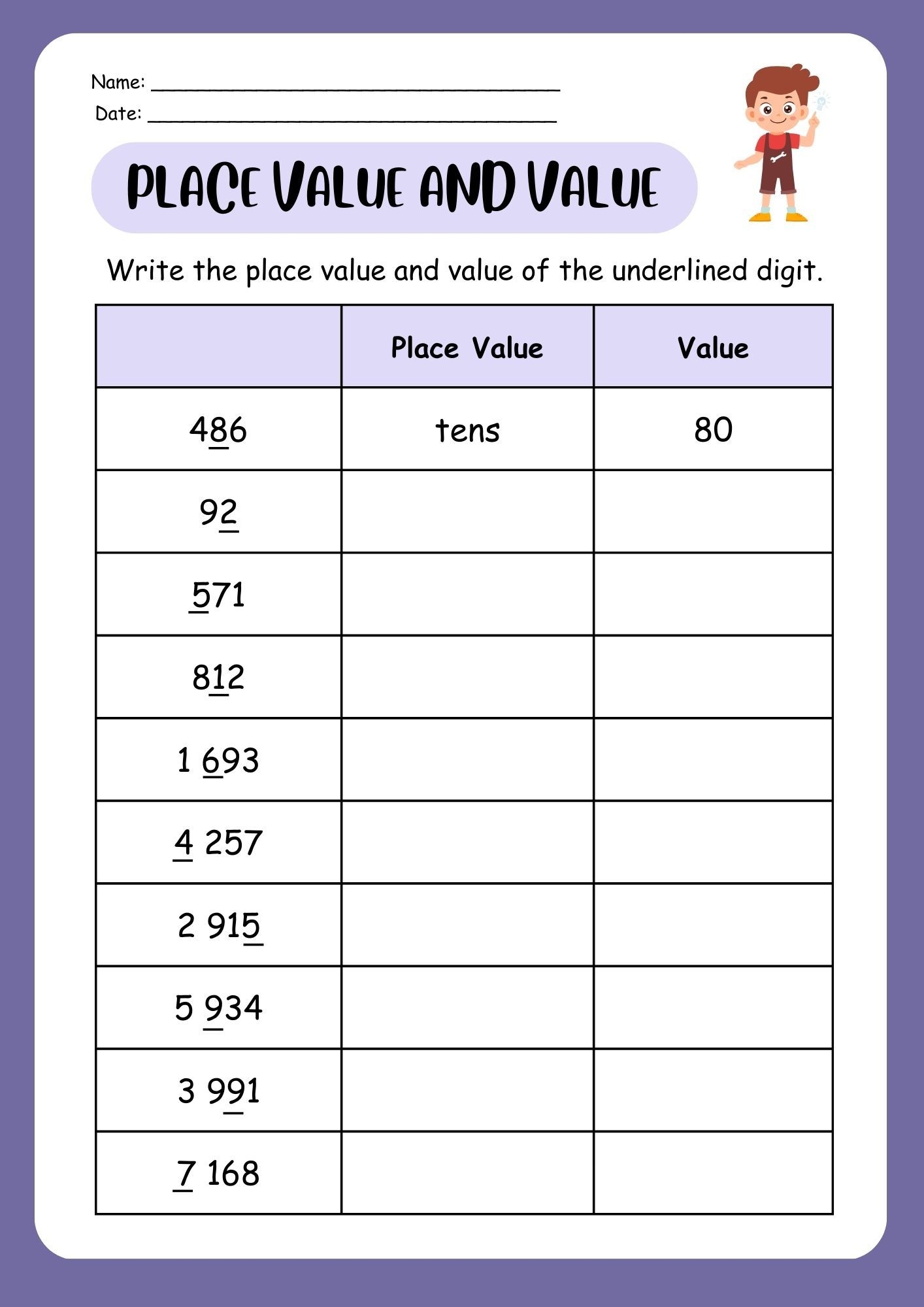 PLACE VALUE WORKSHEET FOR KIDS By Dionisioshaneen Raket PH