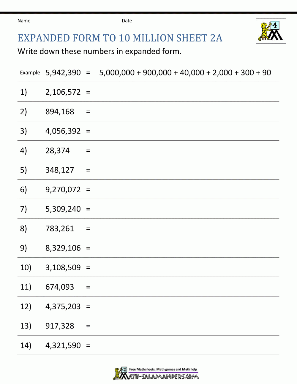Place Value Worksheet Up To 10 Million