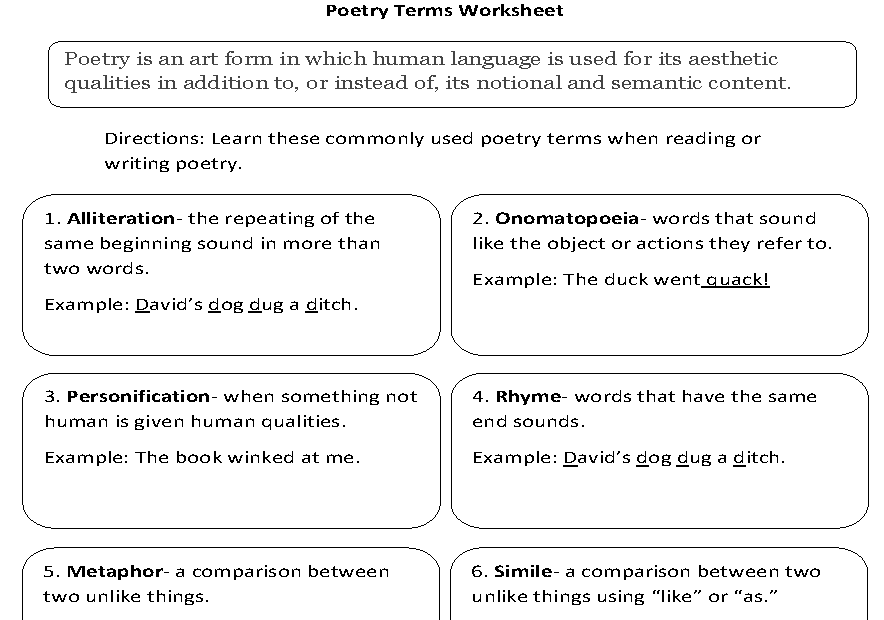 Poetry Worksheets Poetry Terms Worksheet