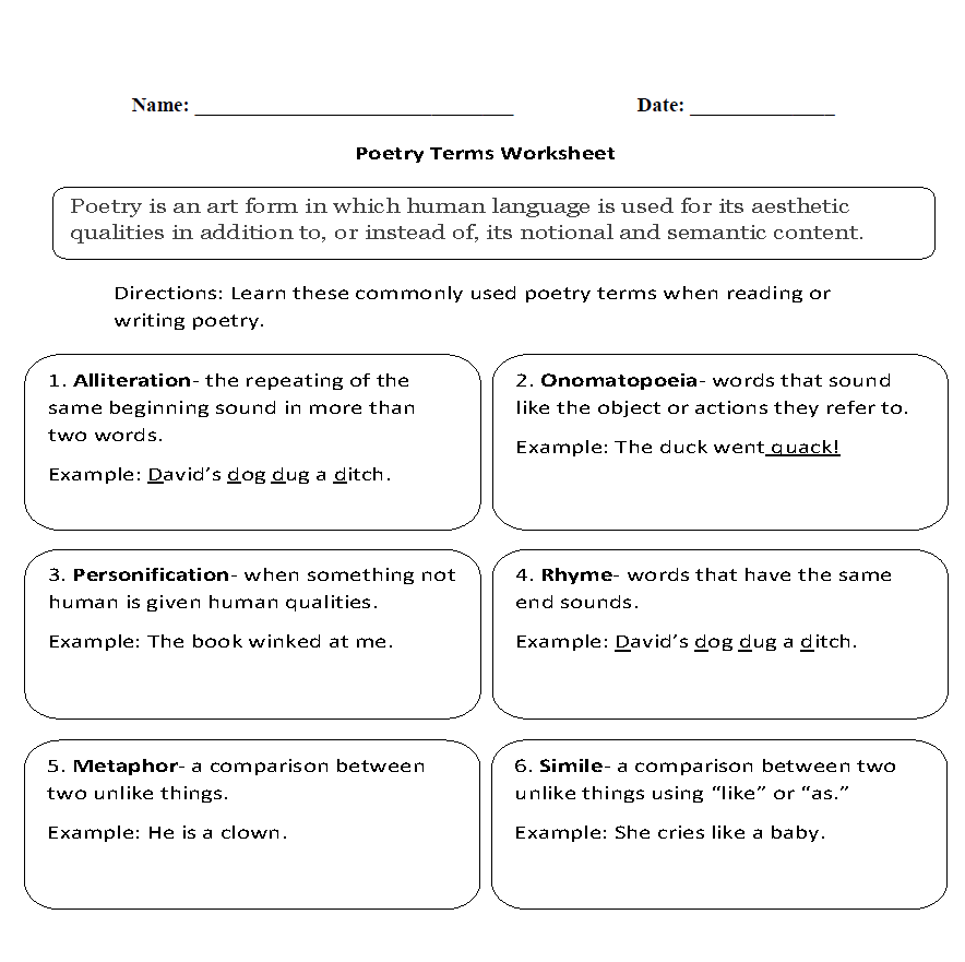 Poetry Worksheets Poetry Terms Worksheet