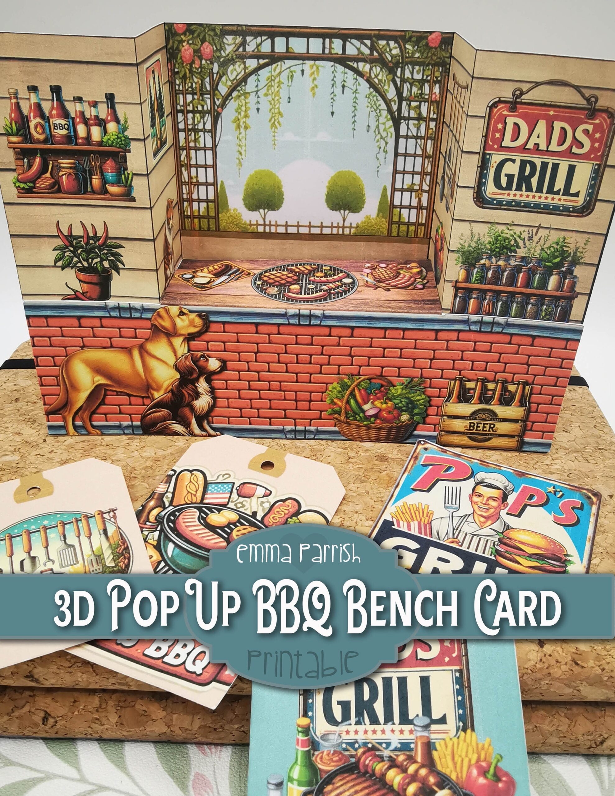 Pop Up BBQ Bench Card Male Mens Blue Cards Dad Grandad Pops Cricut PNG Barbeque Printable Papercraft Junk Journal Insert Etsy