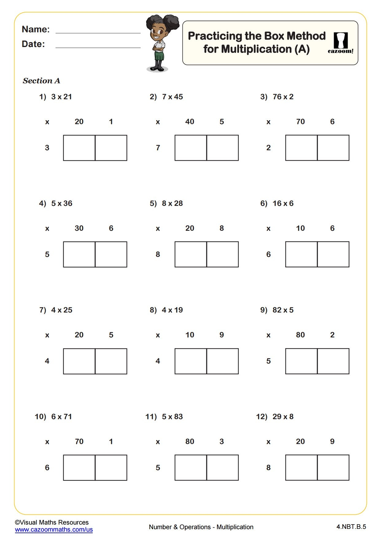 Practicing The Box Method For Multiplication B PDF Printable 