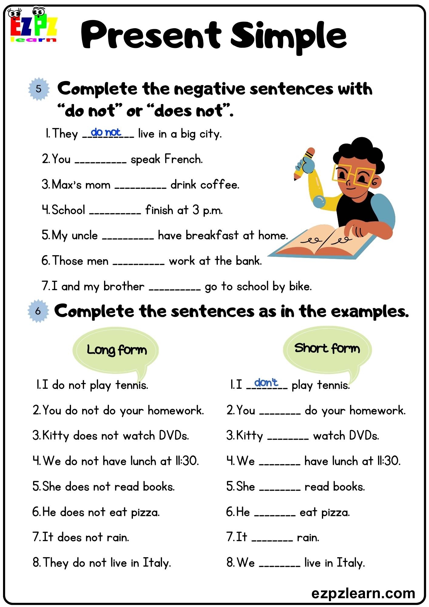 Present Simple Complete The Negative Sentences Grammar Worksheet Book 1 Pdf Ezpzlearn