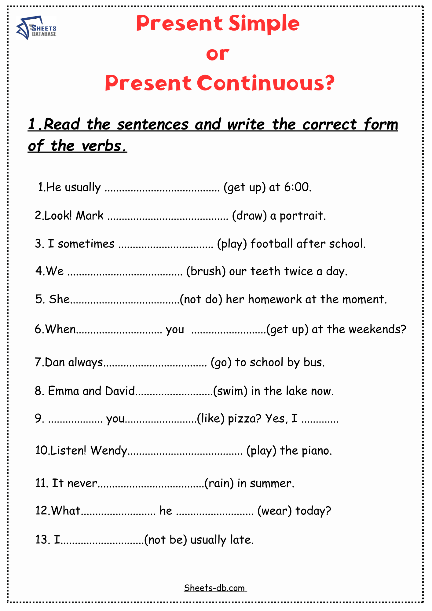 Present Simple Or Present Continuous Sheets