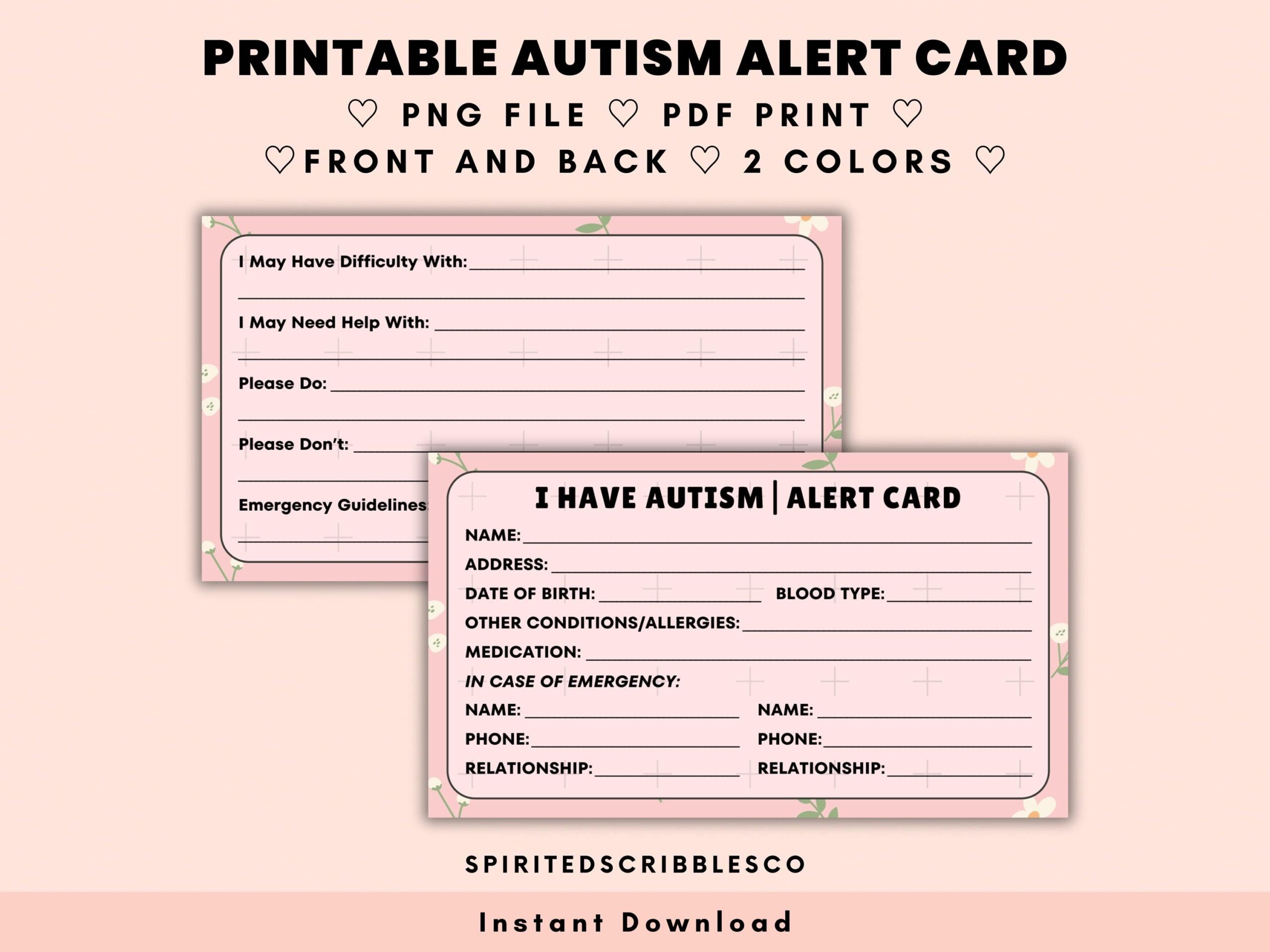 Printable Autism Alert Card Medical ID Ice Tag Emergency Safety Information Card Autism Awareness Template PNG U0026 PDF Print Digital Download Etsy