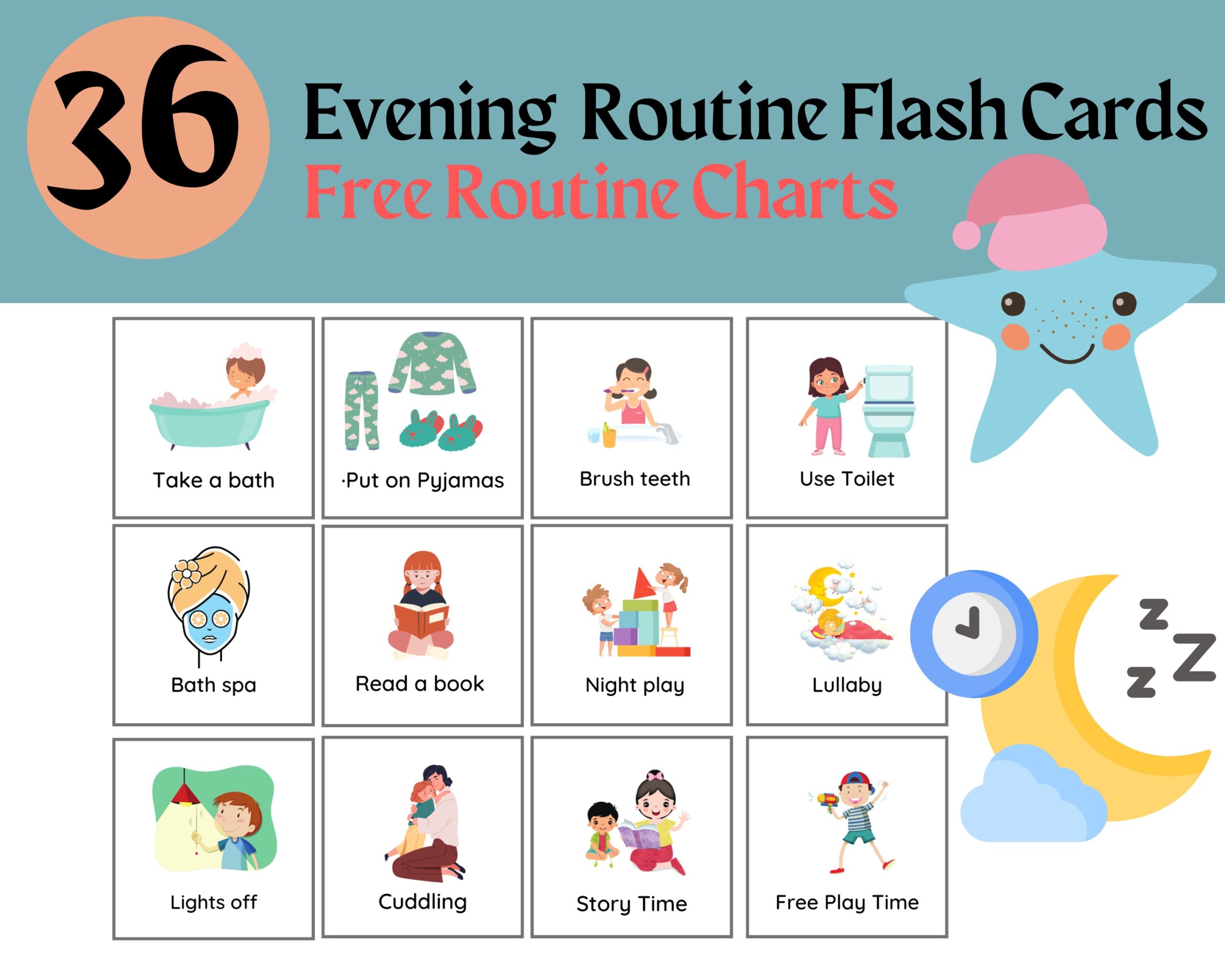Printable Bedtime Routine Flashcards For Kids Night Routine Chart Sleep Schedule Visuals Evening Checklist For Toddlers U0026 Preschoolers Etsy