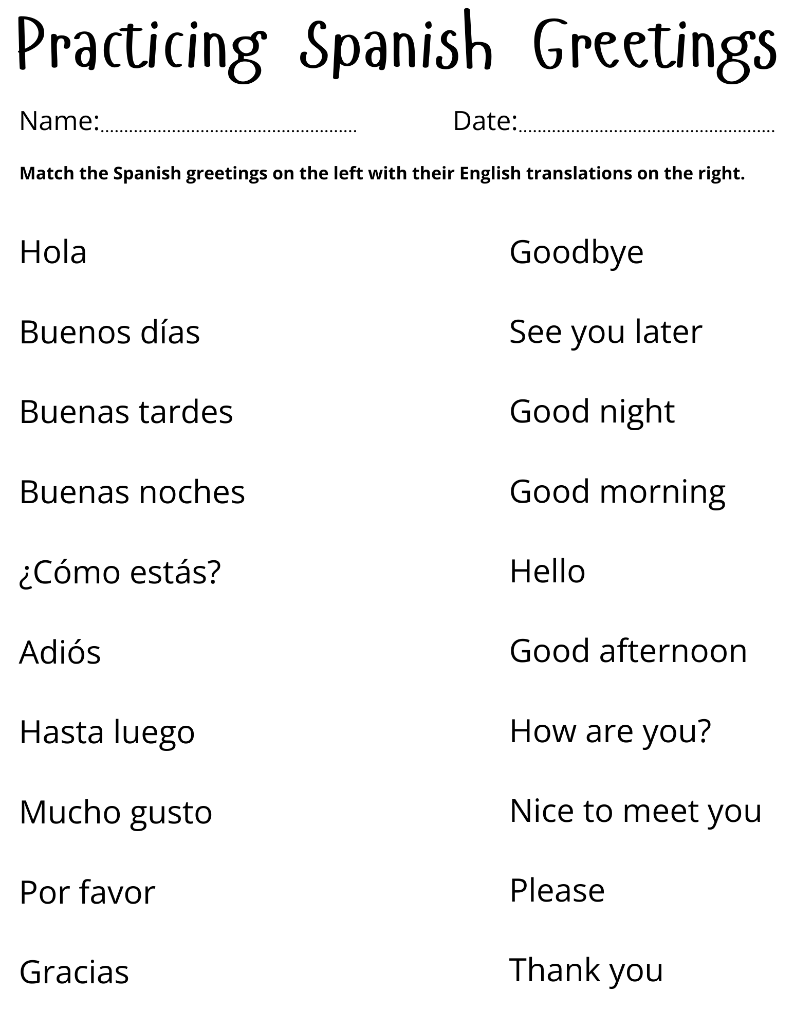 Printable Beginner Spanish Greetings Worksheet Saludos En 
