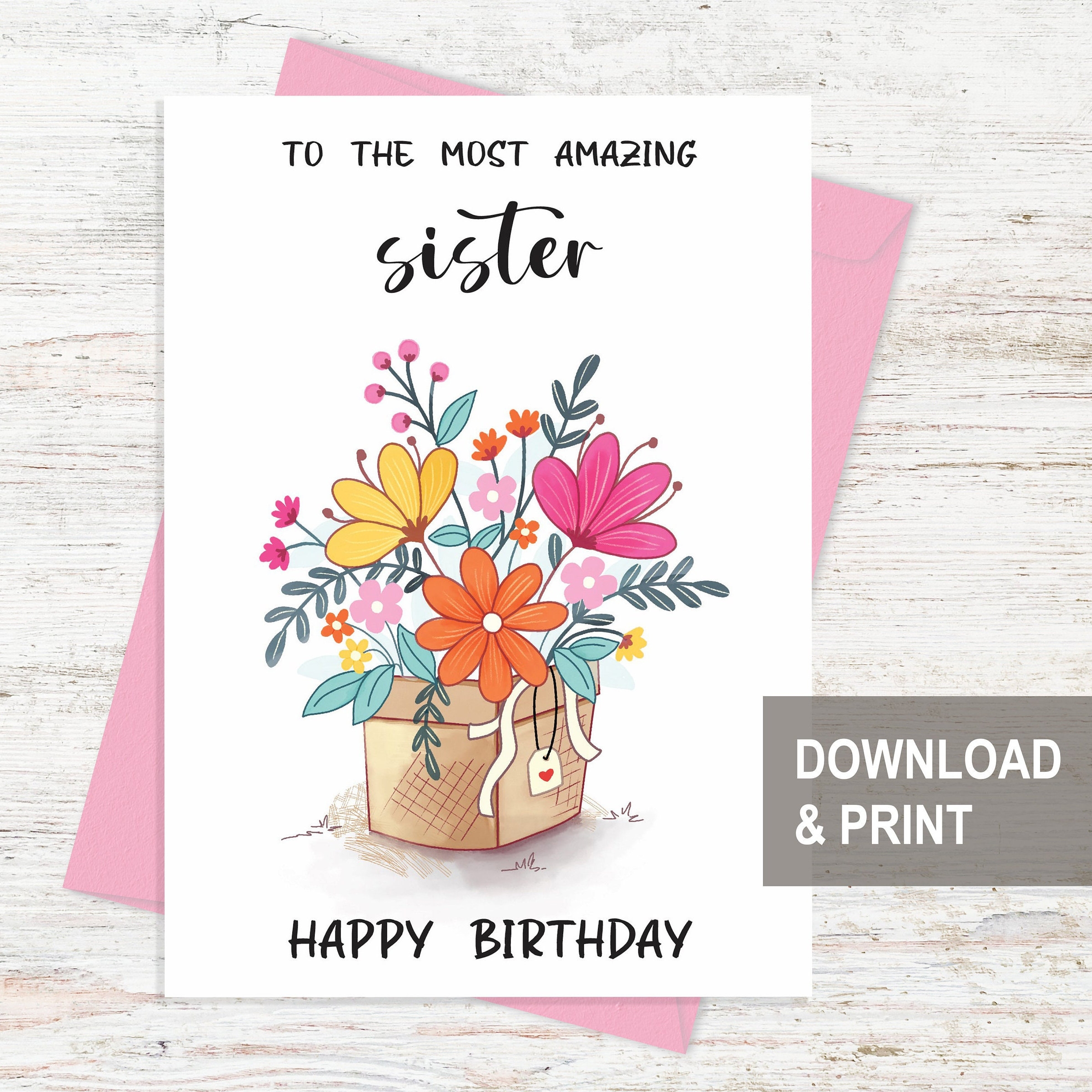 Printable Birthday Card For Sister Happy Birthday Card Printable For Sister Birthday Greetings Card Digital Birthday Card Flower Bouquet Etsy
