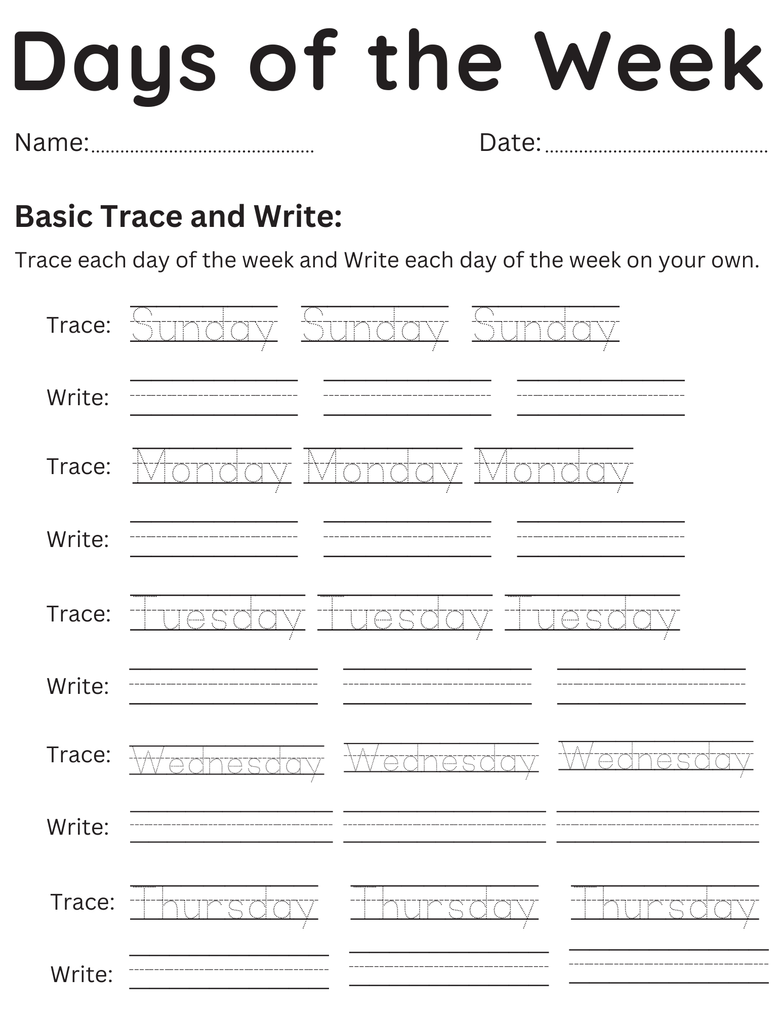 days of the week worksheet for kindergarten