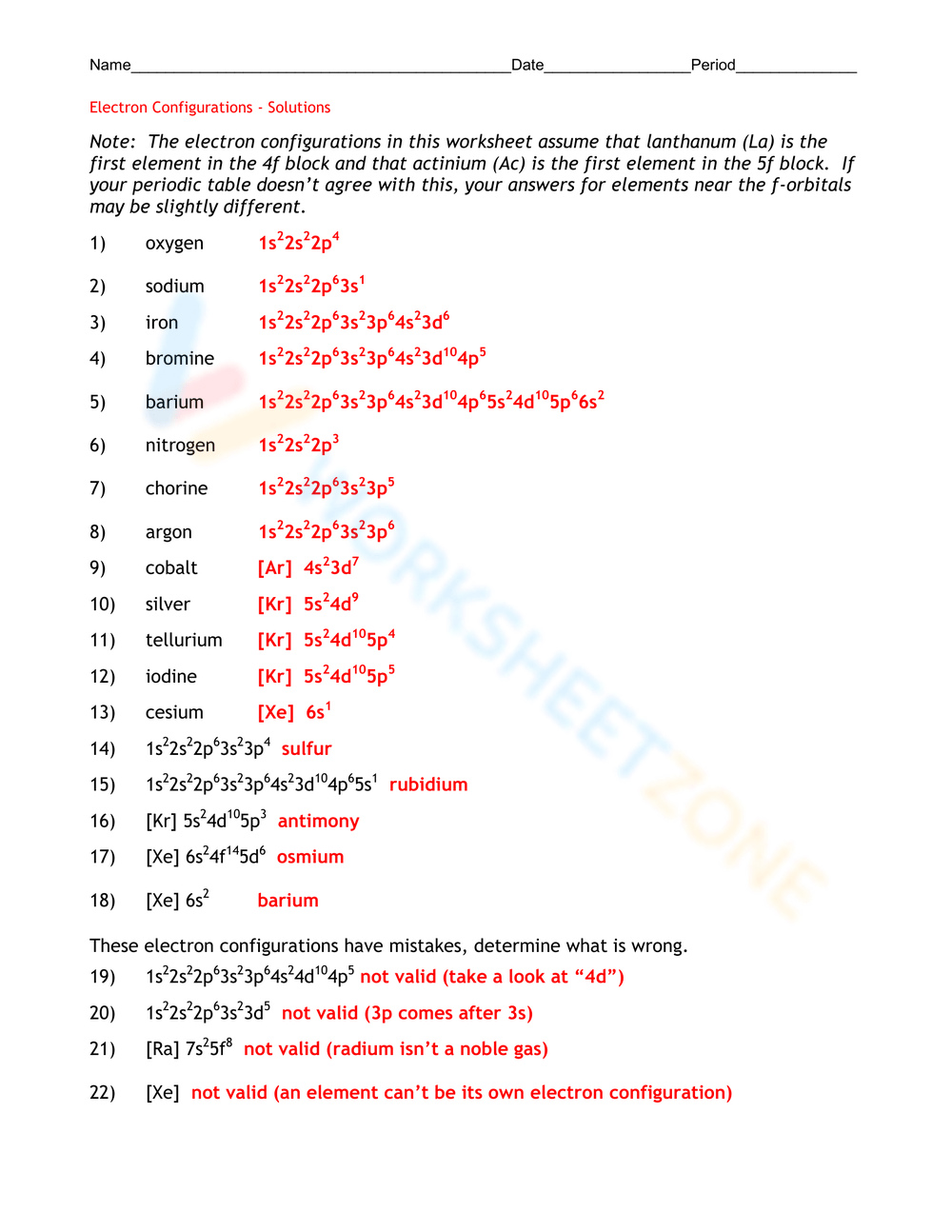 electron configuration worksheet answer key