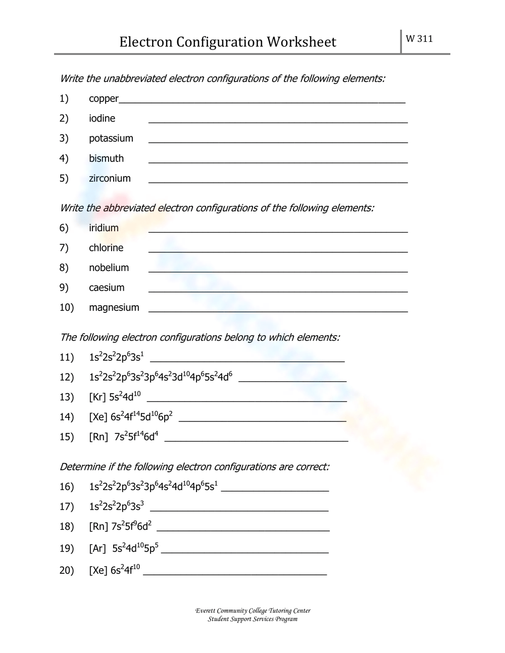 Printable Grade 11 Electron Configuration Practice Worksheets