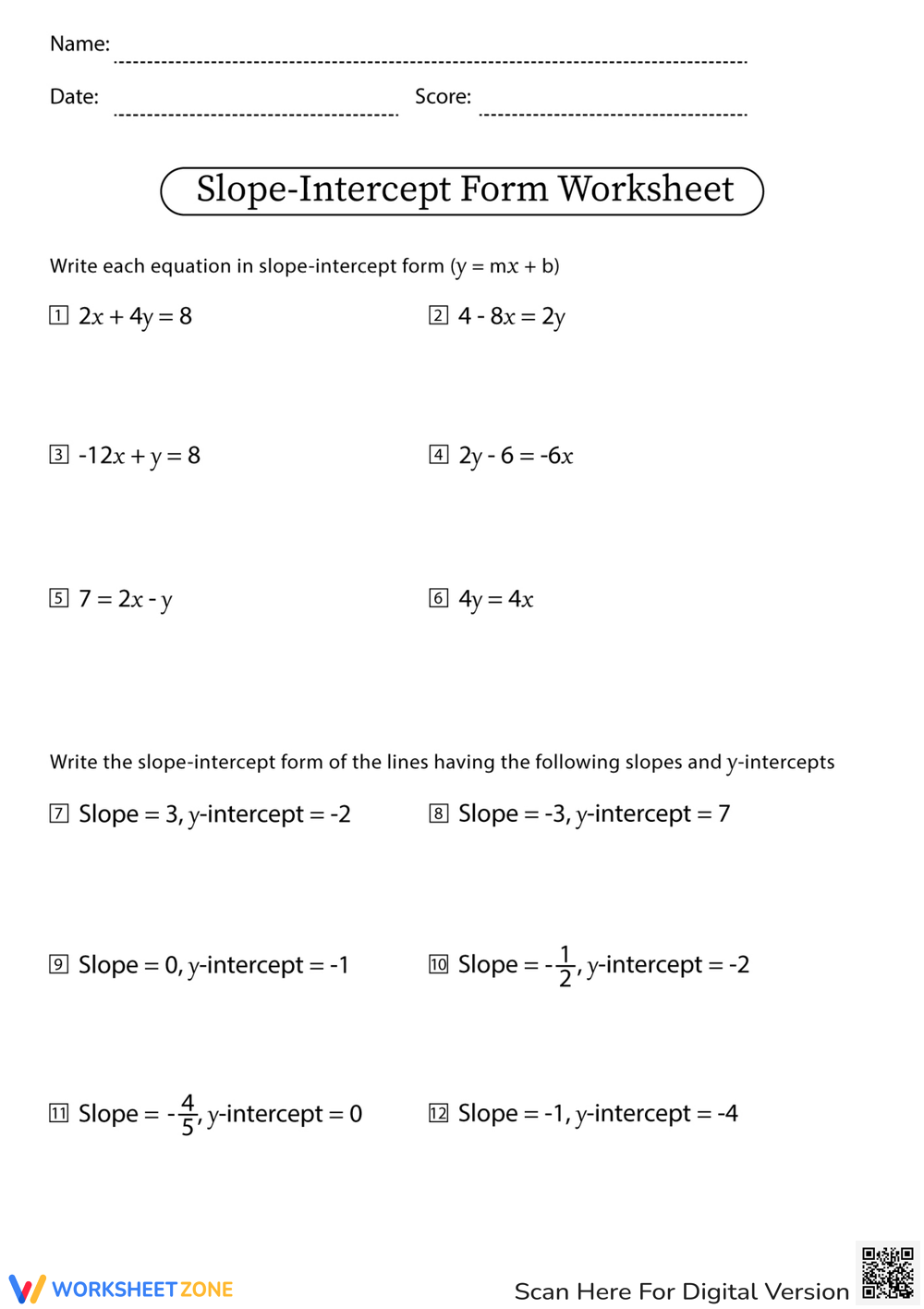 Printable Grade 4 Slope Intercept Form Worksheets