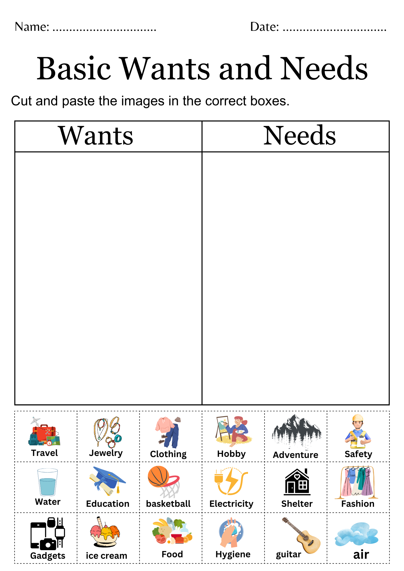 Printable Identifying Needs And Wants Worksheet Basic Needs Vs 