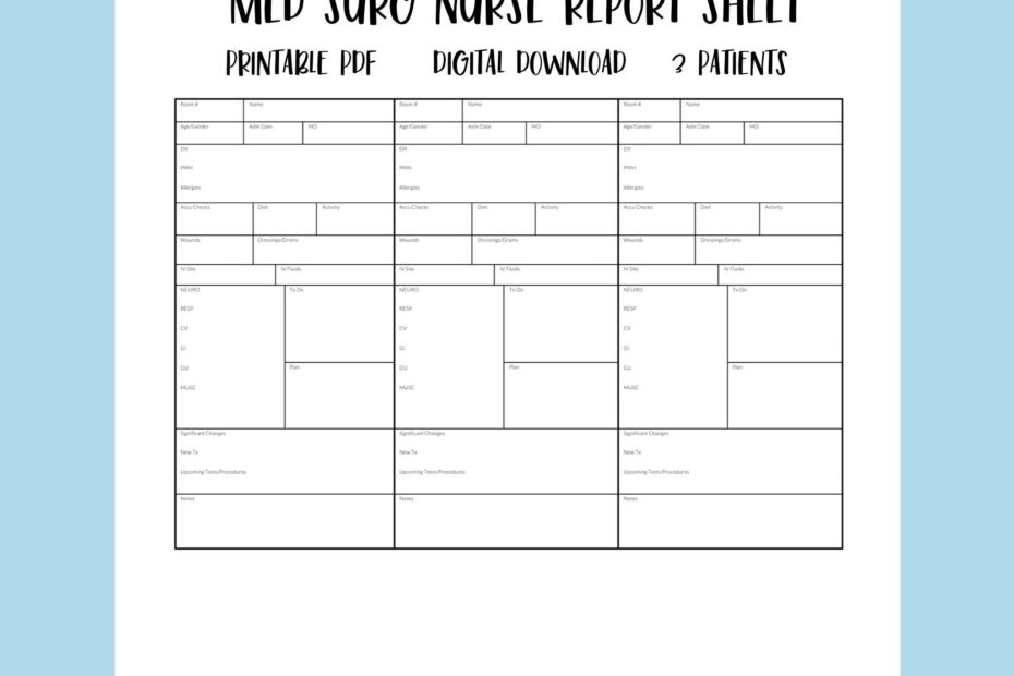 Printable Med Surg Nurse Report Sheet 3 Patient Nurse Brain Sheet Nursing Handoff Template PDF Digital Download Etsy