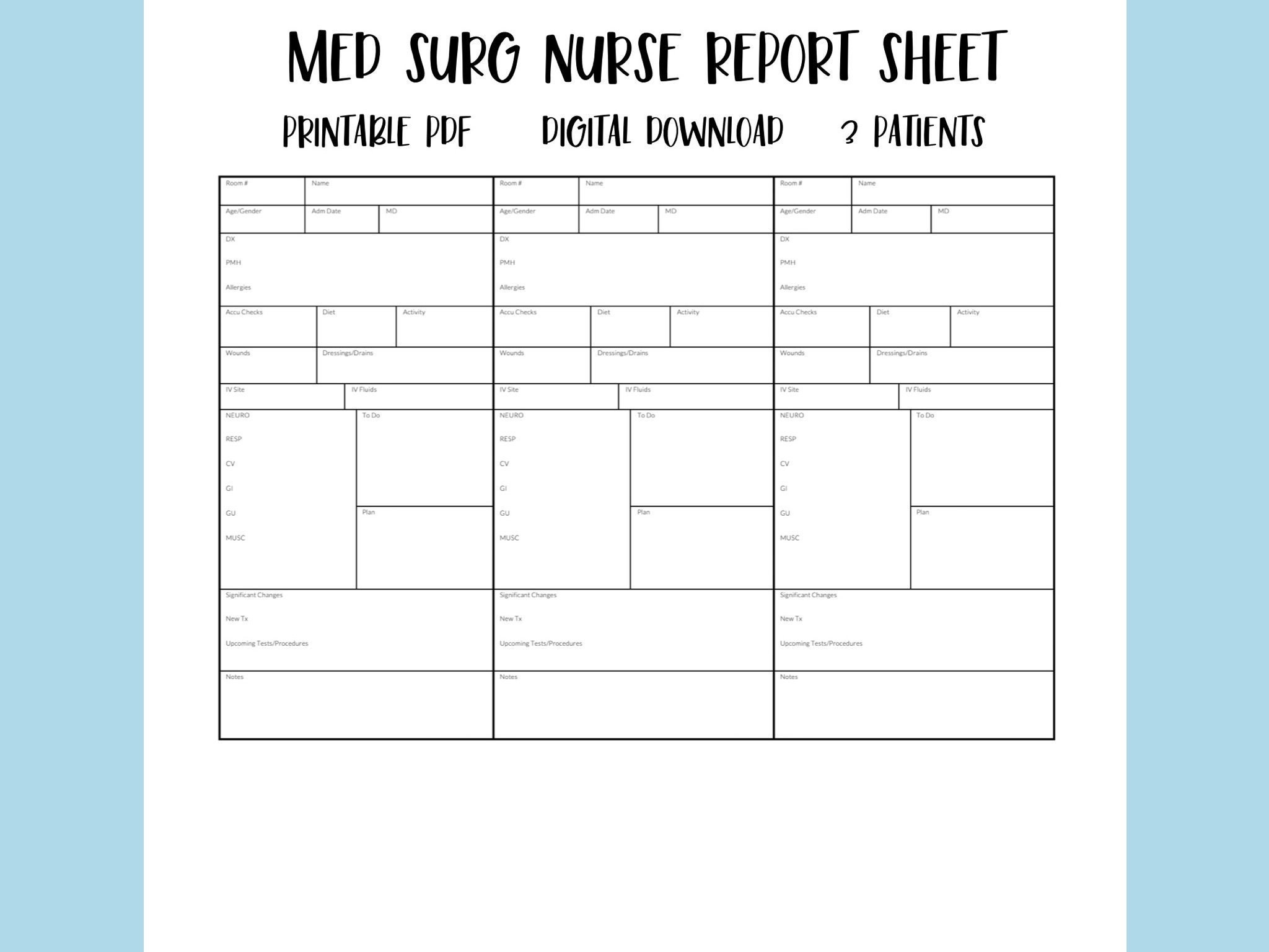Printable Med Surg Nurse Report Sheet 3 Patient Nurse Brain Sheet Nursing Handoff Template PDF Digital Download Etsy