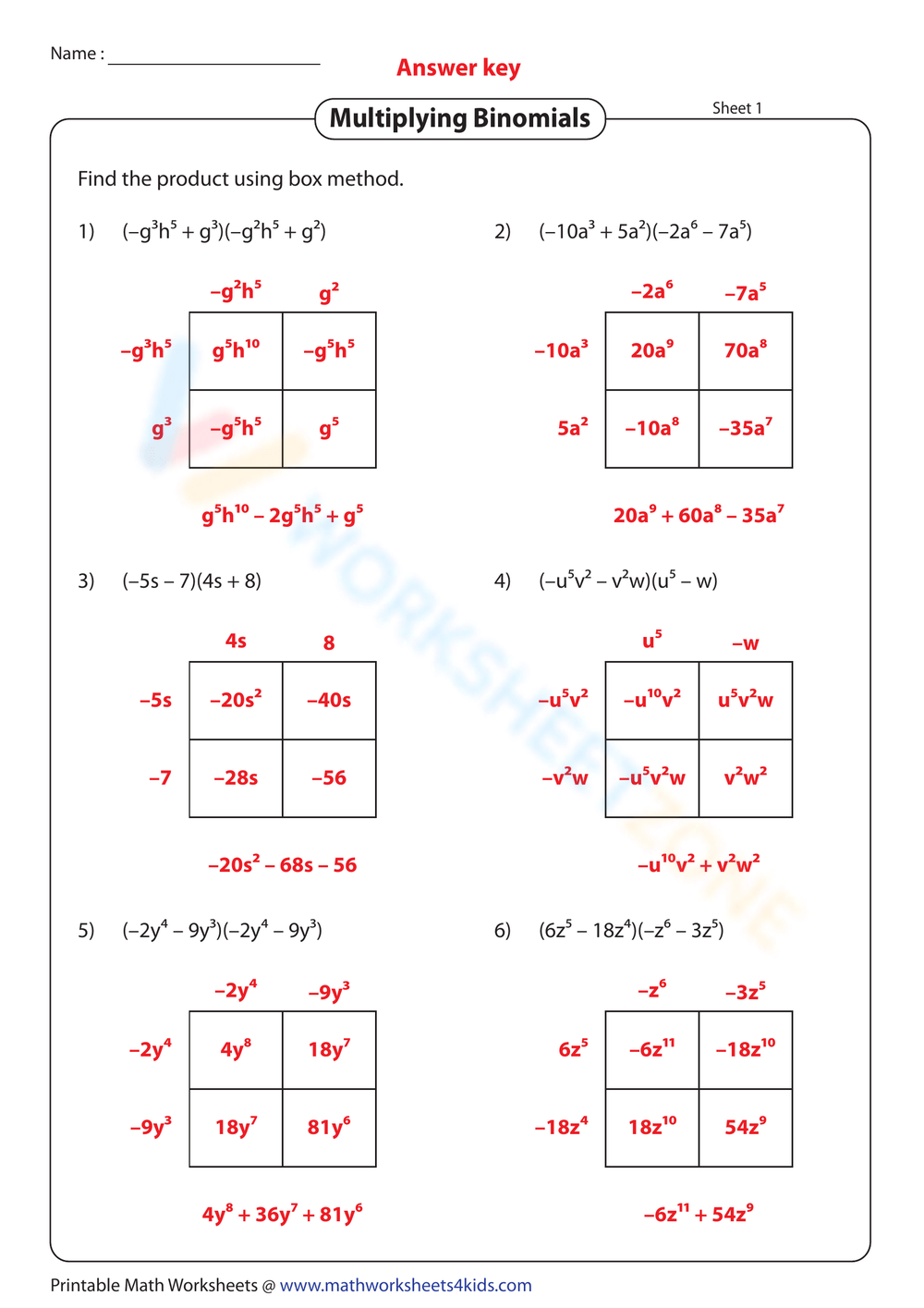 Printable Multiplying Binomials Worksheets Download