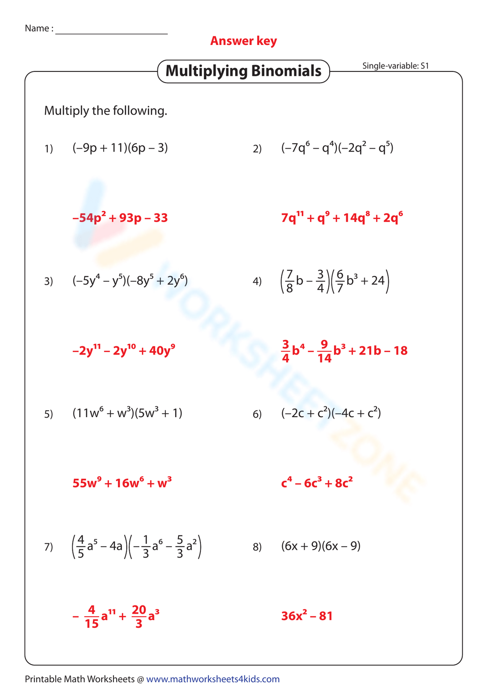 Printable Multiplying Binomials Worksheets Download