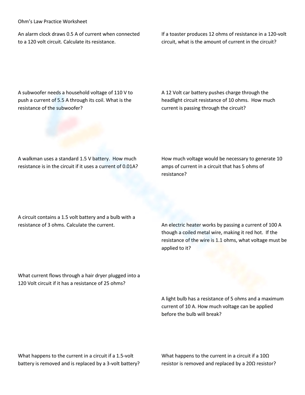 Printable Ohm s Law Worksheets Download