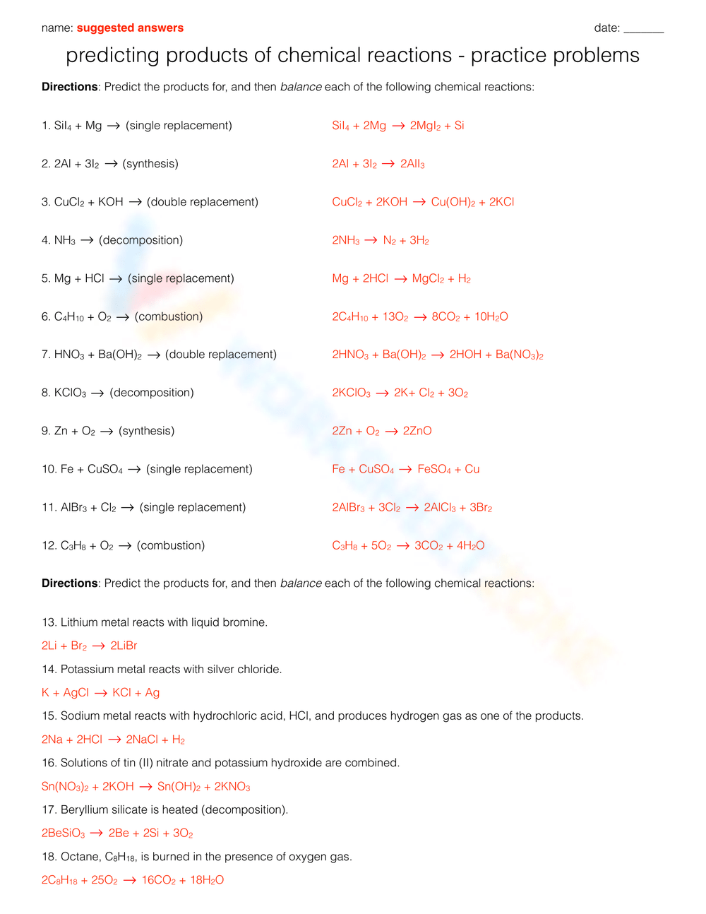 predicting products of chemical reactions worksheet