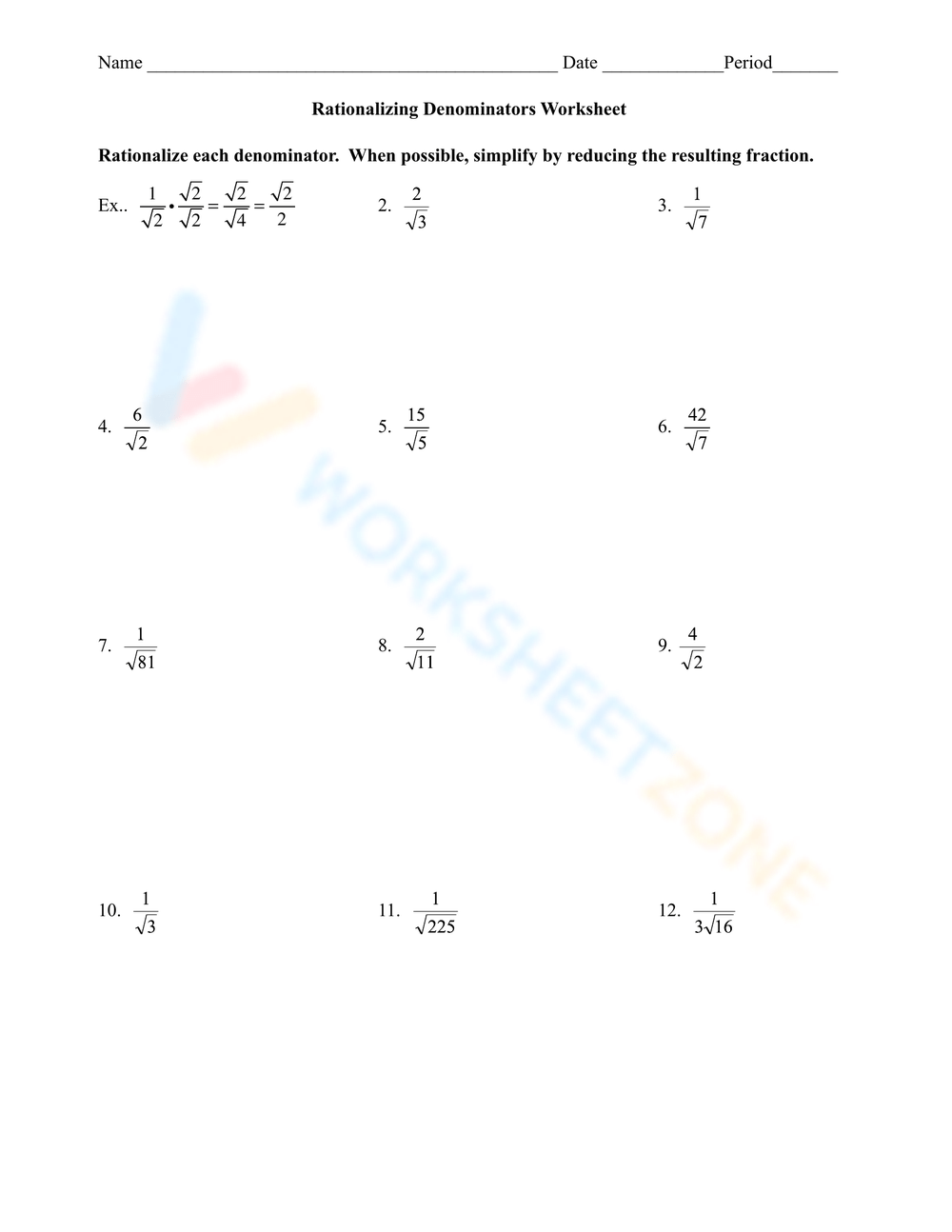 Printable Rationalizing The Denominator Worksheets Download
