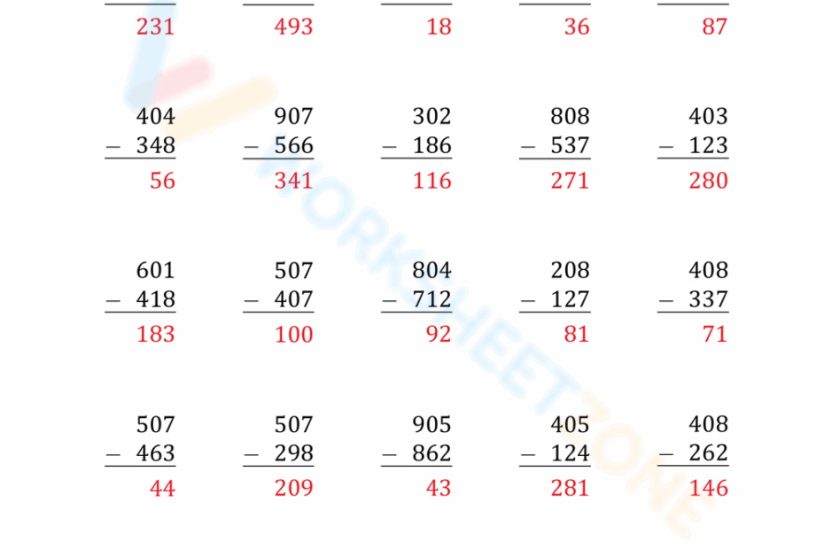 Printable Subtraction Across Zeros Worksheets
