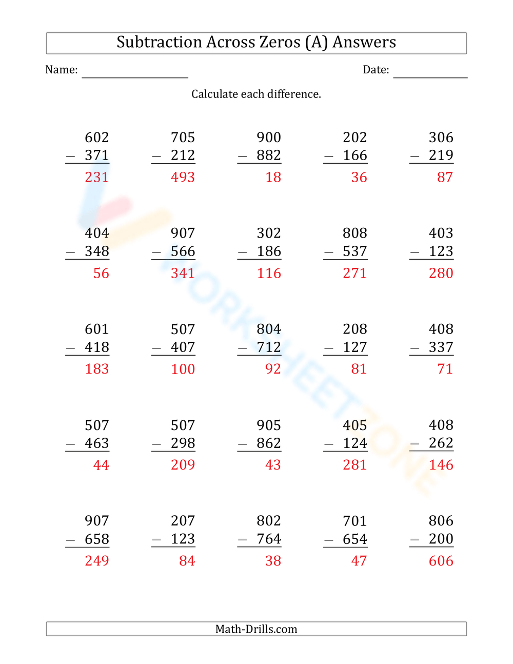 Printable Subtraction Across Zeros Worksheets